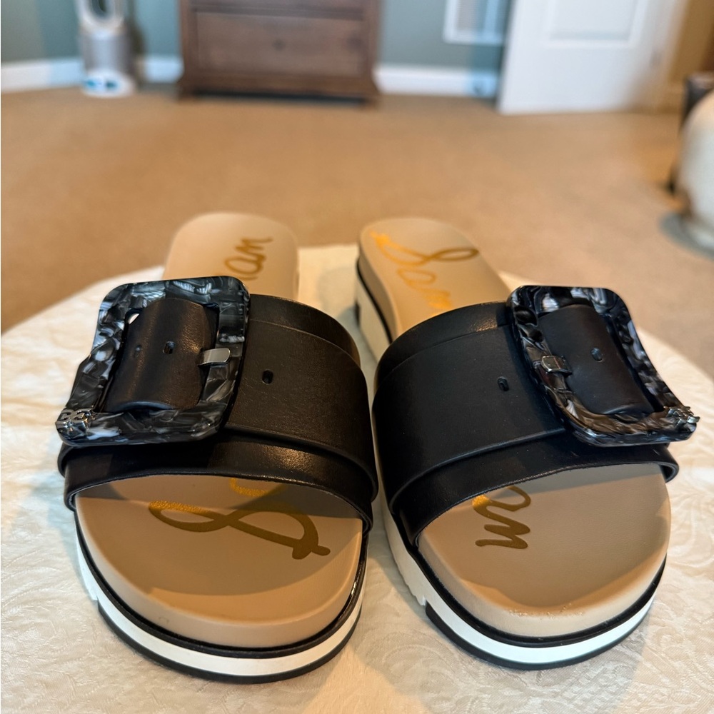 Sam Edelman Black and Tan Slide Sandals with Buckle